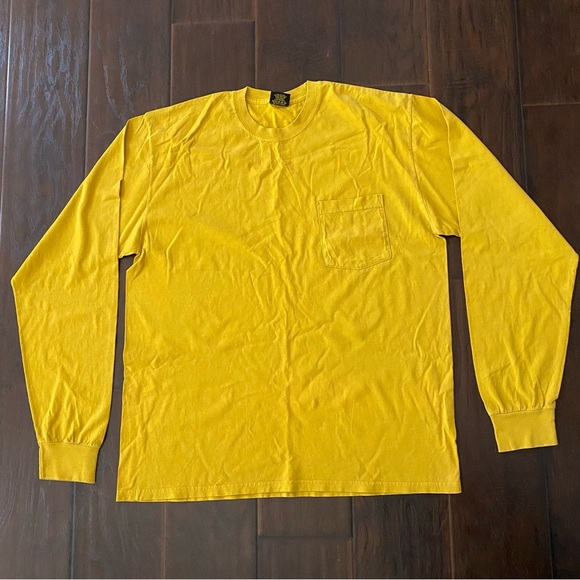 Stussy Men’s Long Sleeve T-Shirt Mustard Yellow 100% Cotton W/ Front Pocket Sz L - Picture 2 of 8